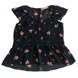 Abercrombie Fitch Floral Sheer Blouse Lace Detail Blue Floral Size XS